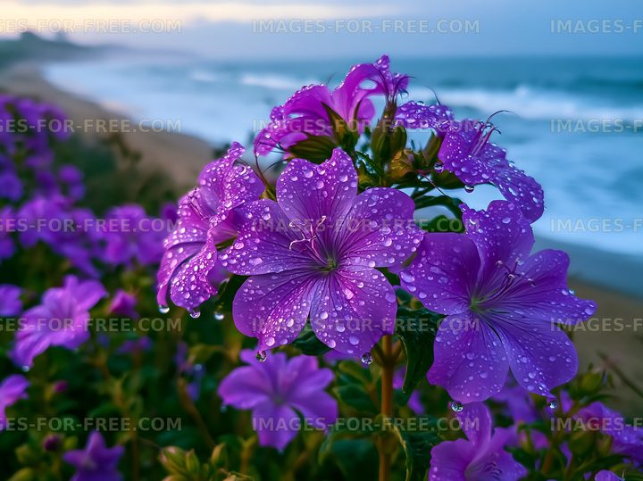 Purple flowers with water droplets near the ocean shore