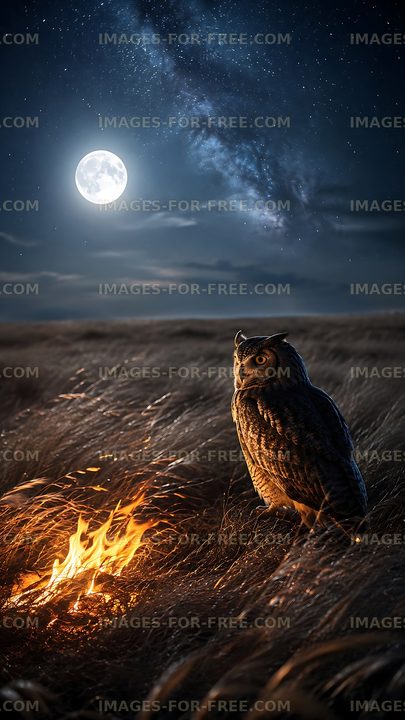 Owl perched near fire under the full moon at night
