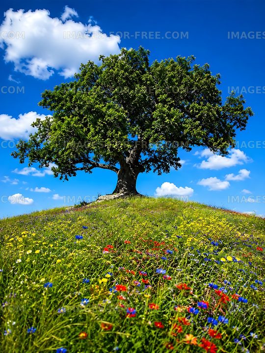 Large tree on a grassy hill with colorful flowers under blue sky