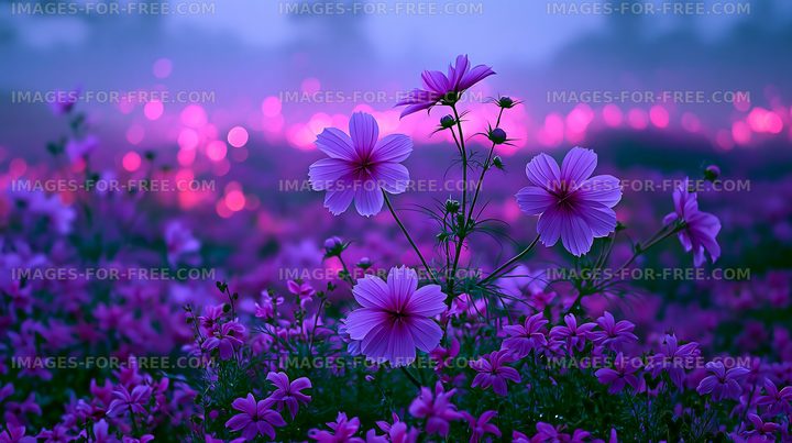 Vivid pink flowers blooming in a field at dusk