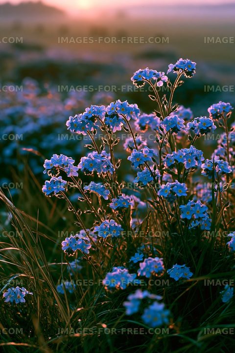 Blue flowers blooming in a grassy field at sunset