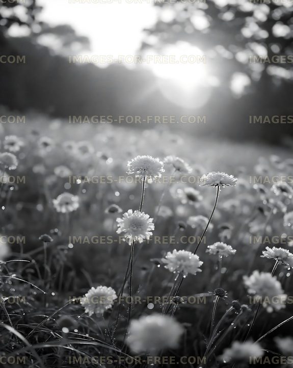 Morning light shines on flowers in an open field