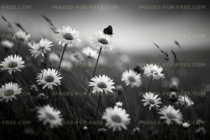 Butterfly on daisies in a field of flowers