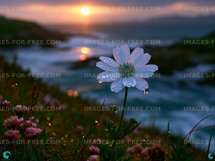 Flower with water droplets at sunset by the ocean