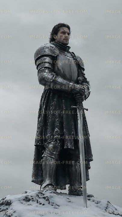 Knight standing on a rocky cliff under cloudy skies