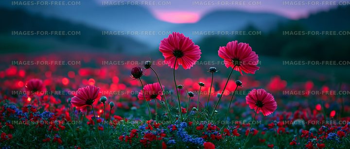 Vibrant flowers bloom in a purple-hued sunset landscape