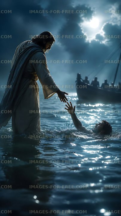 Jesus reaching out to a drowning man at night