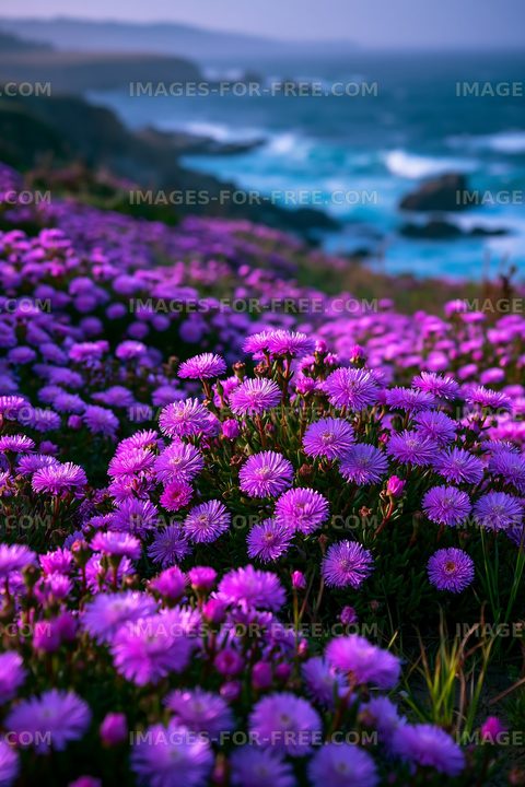 Purple flowers bloom near ocean cliffs at dusk