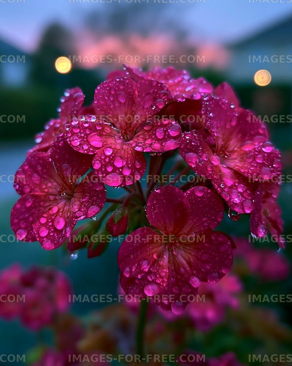 Pink flowers with water droplets in evening light