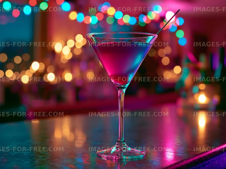 Colorful cocktail in a glass on a bar with blurred lights