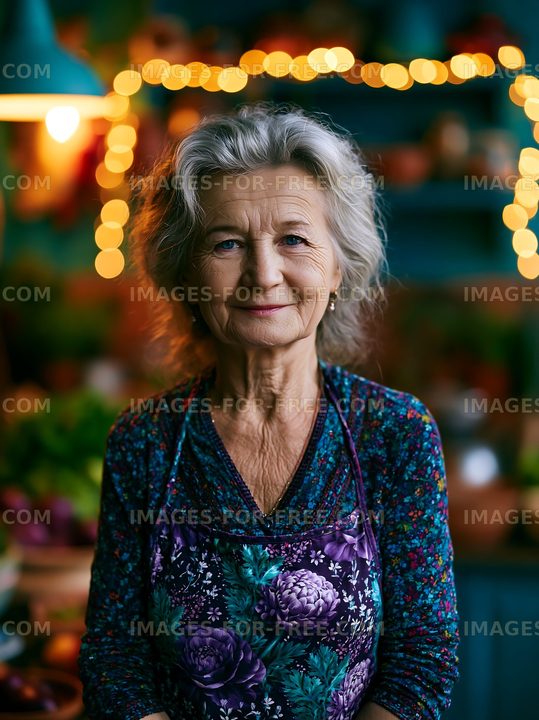 Elderly woman smiling in kitchen with warm lighting and decorations