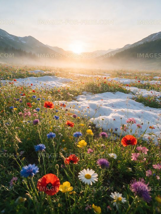 Sunset over a wildflower meadow with snow in the mountains
