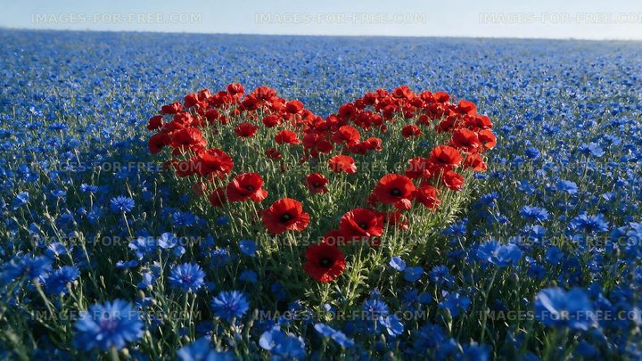 Heart shape made with red flowers in a blue flower field