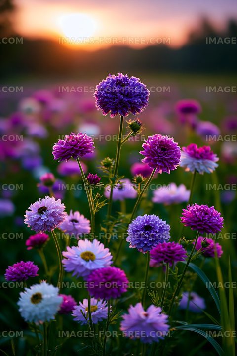 Colorful flowers blooming at sunset in a field