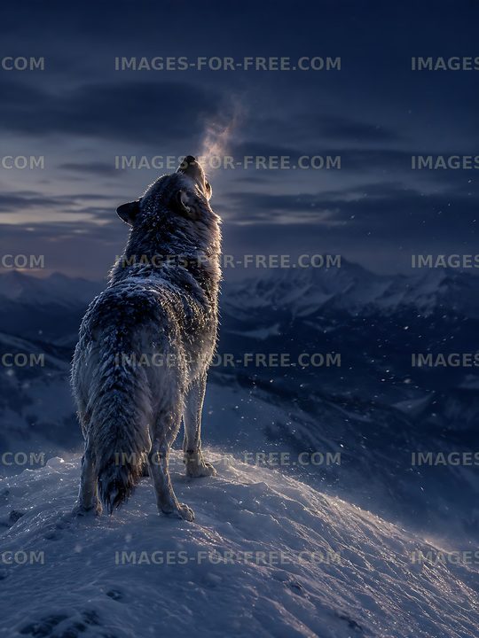 Wolf howling in winter landscape with snow and mountains