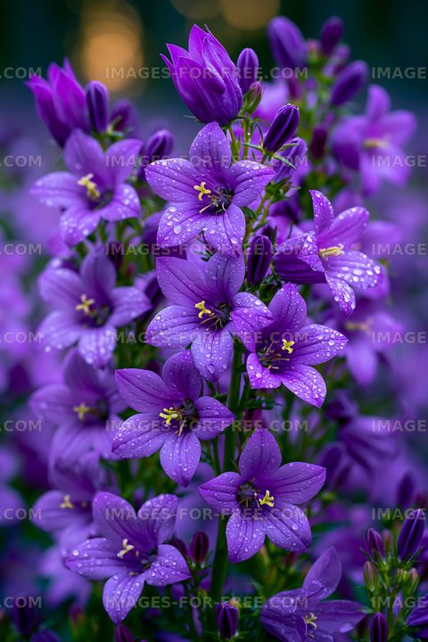 Purple flowers with raindrops in a garden setting