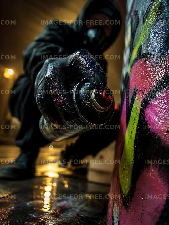 Street artist spray painting on urban wall at night