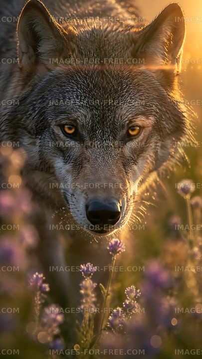 Wolf walking through flowers at sunset