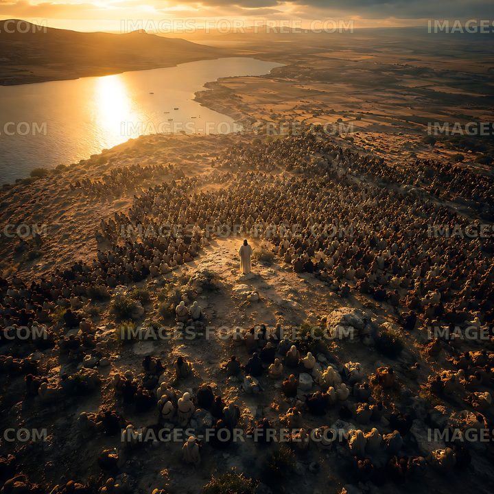 Sunset view over a valley with river and lined stones