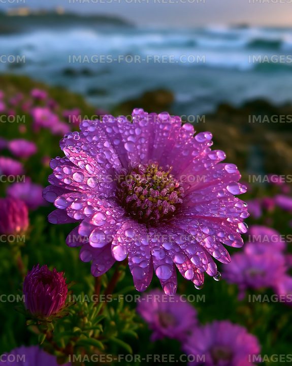 Flower with water droplets near ocean waves
