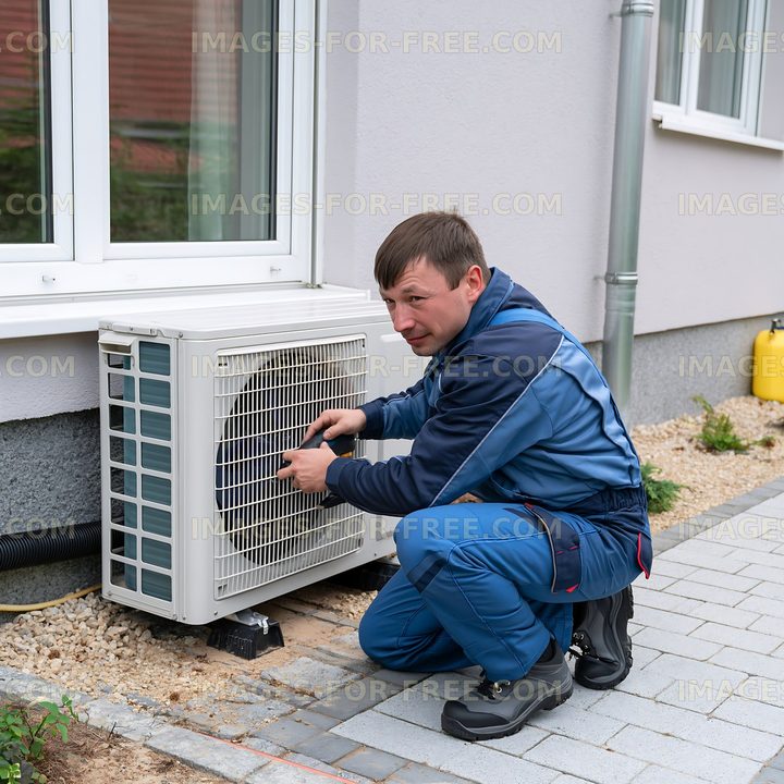 Air conditioning technician working on a unit outdoors