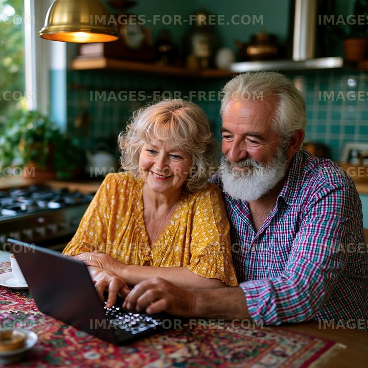 Elderly couple using a laptop together in a cozy kitchen