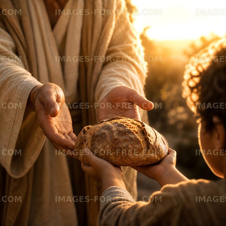 Sharing bread in the countryside at sunset