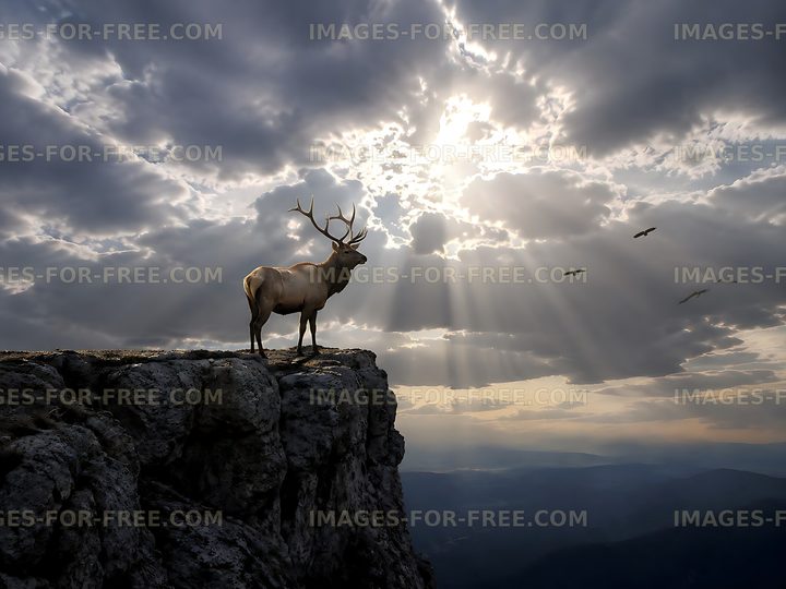 Elk standing on rocky cliff under dramatic sky