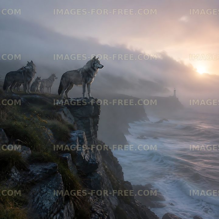 Wolves on a cliff during sunset near the ocean