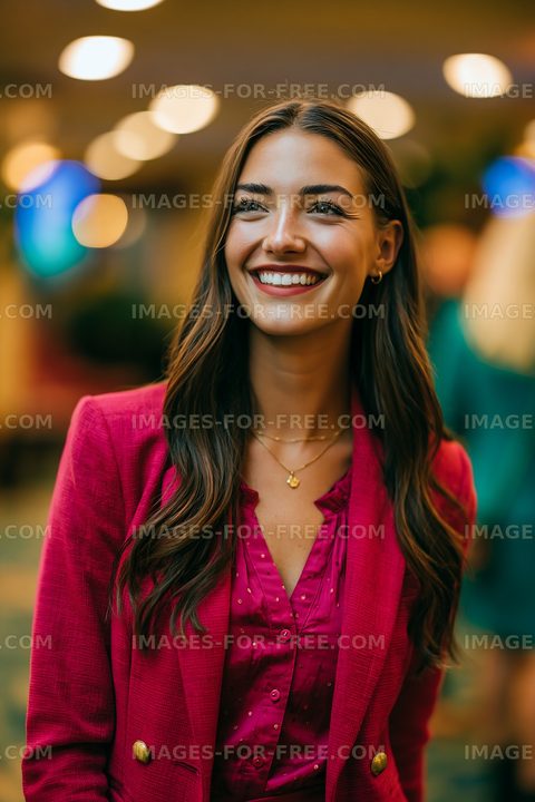 Smiling woman wearing pink outfit in indoor setting