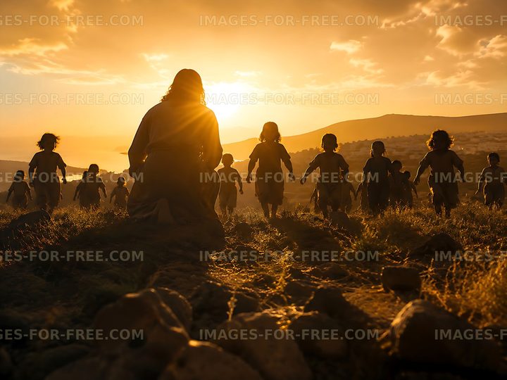 Children walking towards sunset on grassy hill