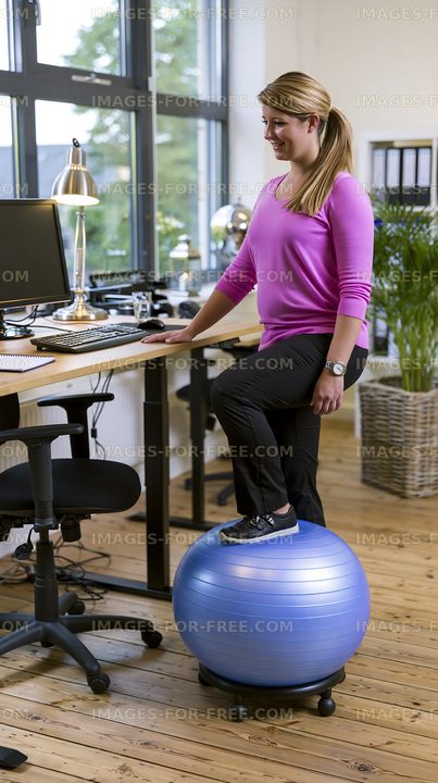 Woman balancing on fitness ball in office environment