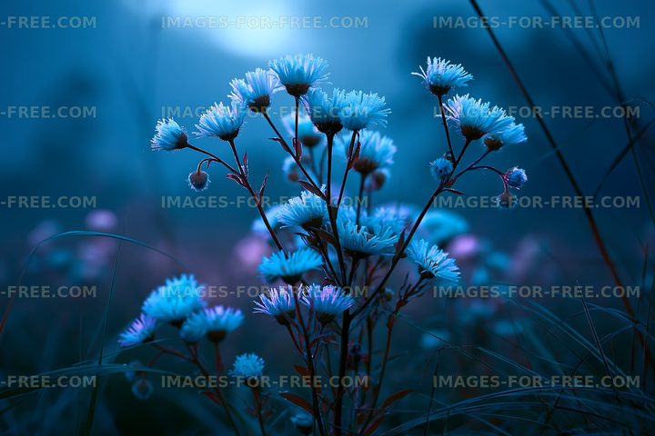 Flowers blooming in a blue-toned field during twilight