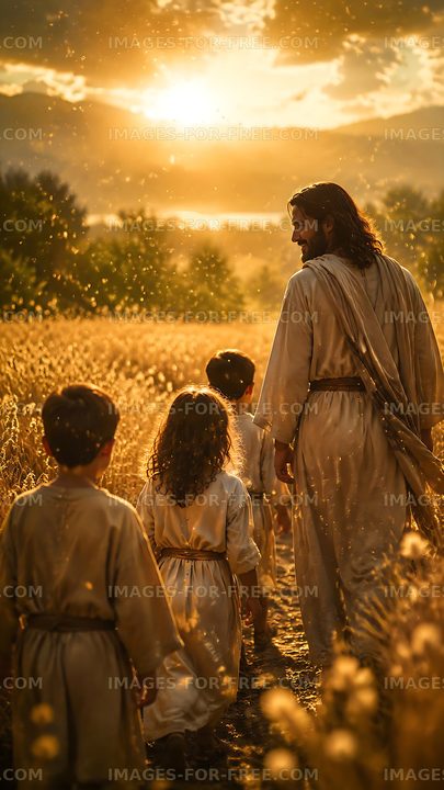 Walk through a golden field with children at sunset