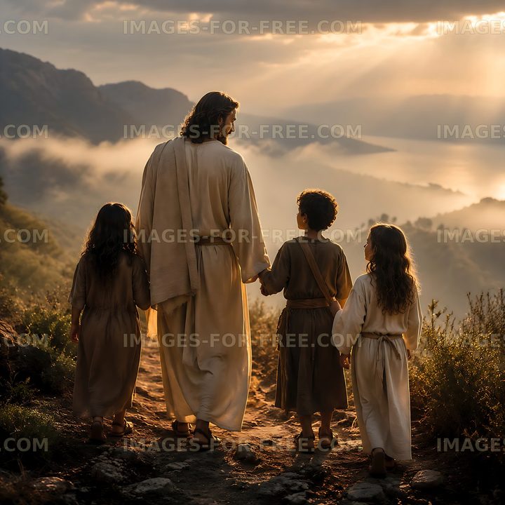 Walking with children in a scenic landscape at sunset