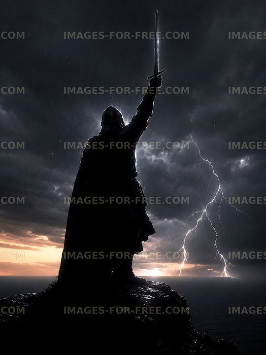 Warrior silhouette holding sword against stormy sky
