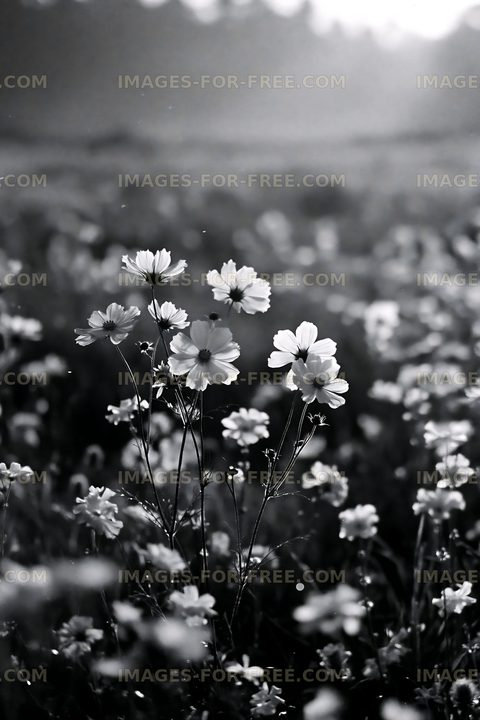 Flowers in a field during sunrise in black and white