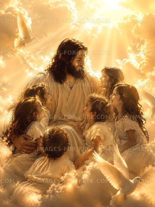 Jesus surrounded by children in a cloud setting