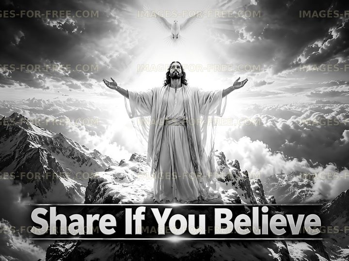 Jesus stands on mountain with arms open and dove above