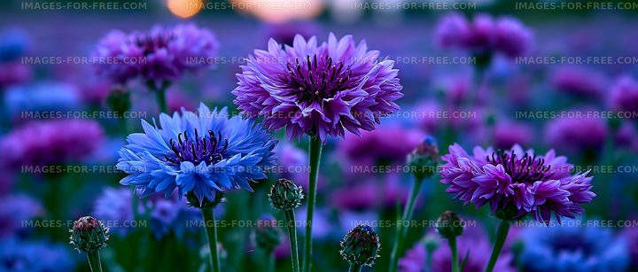 Colorful flowers in a field during sunset