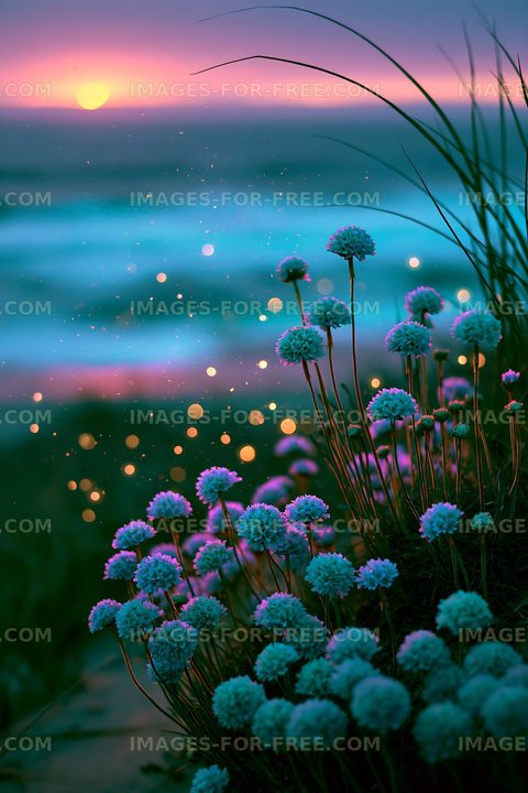 Flowers by the beach during sunset with waves and sparkles