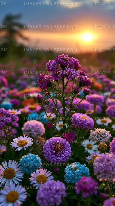Field of colorful flowers during sunset