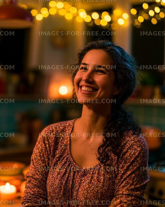 Woman smiling in cozy kitchen with warm lights during evening