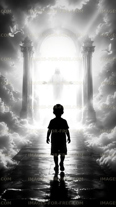 Child walking towards a figure in a bright light