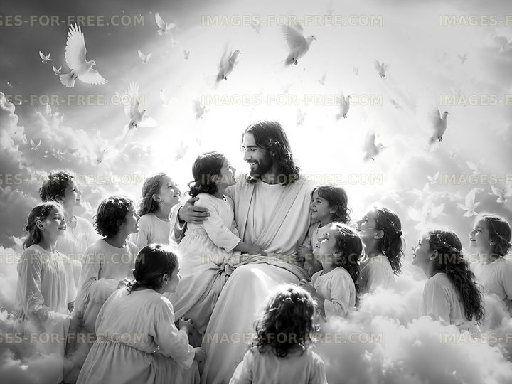 Children gather around figure in clouds with doves above
