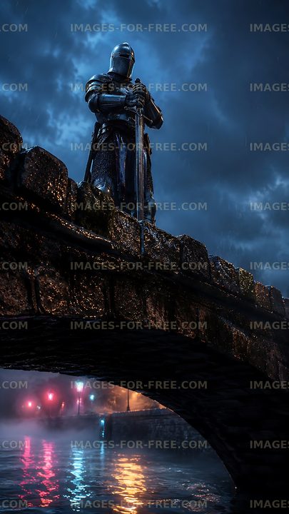 Knight standing on a bridge in the rain at night