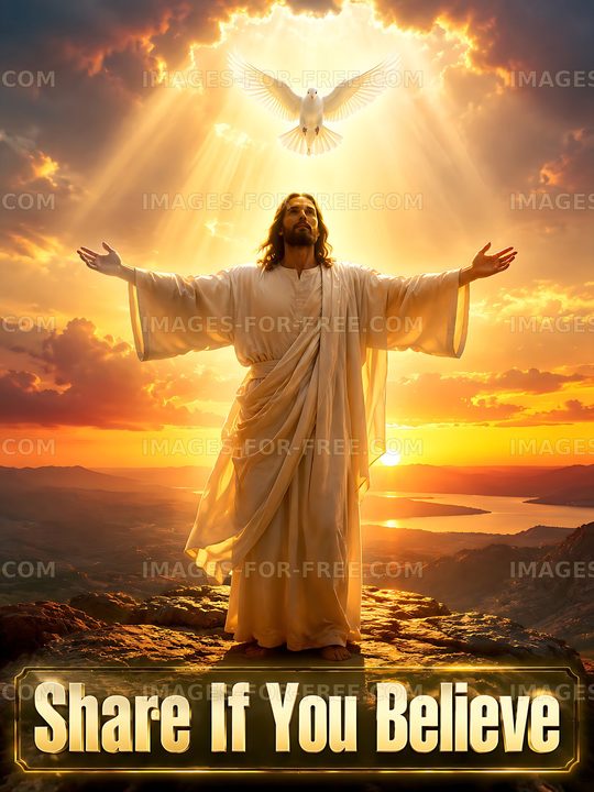 Religious figure with open arms against a sunset view