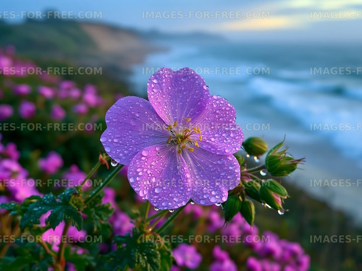 Purple flower with water droplets near ocean landscape
