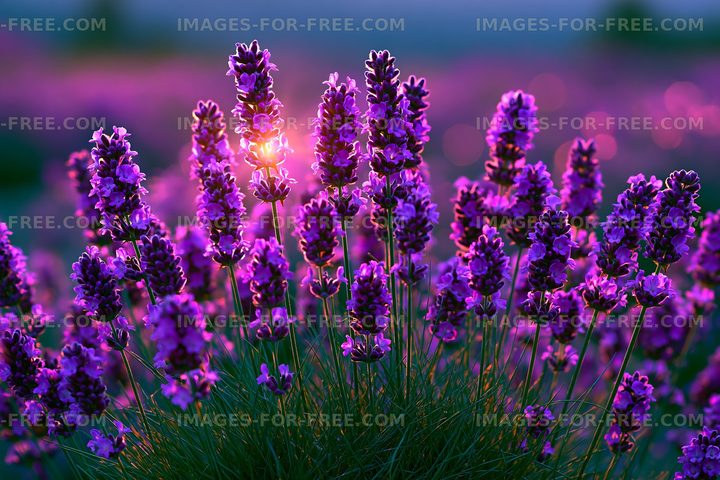 Lavender flowers blooming in a field at sunset