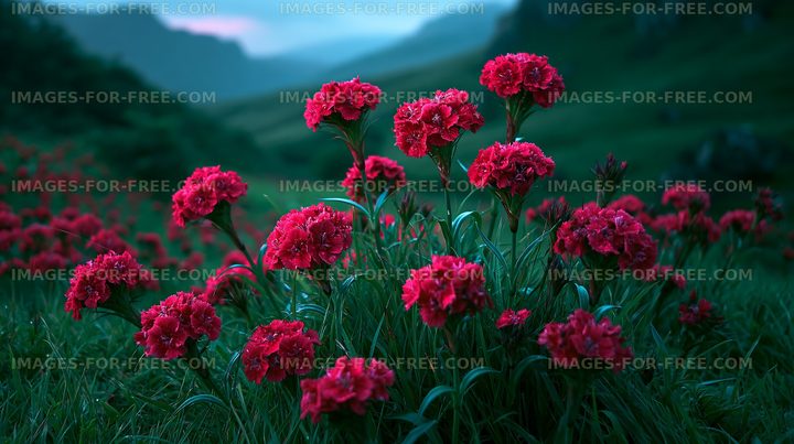Vibrant red flowers bloom in a green hillside landscape